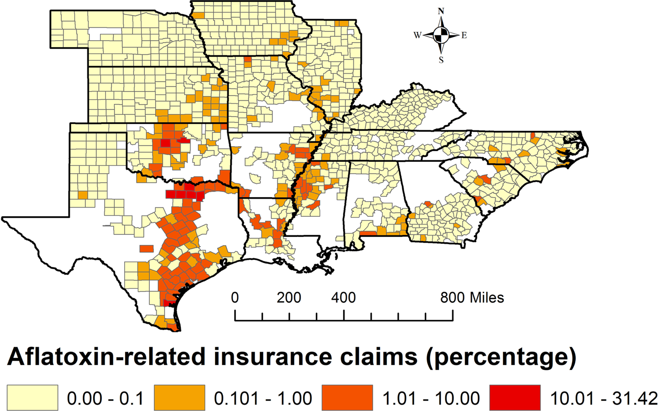 Number of aflatoxin-related insurance claims by county in 16 selected corn-planting states. Source: Yu, Hennessy and Wu, 2020.