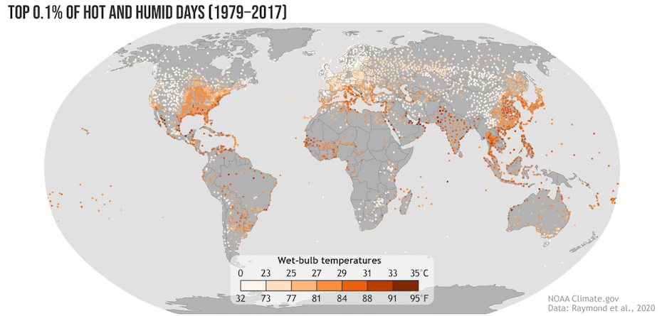Map of locations with extreme heat and humidity (hottest 0.1% of daily max. wet bulb temperatures) from 1979-2017. Source: National Oceanic and Atmospheric Administration, 2020.