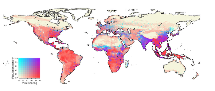 Spillover hotspots: In 2070, human population centers in equatorial Africa, south China, India, and southeast Asia will overlap with projected hotspots of cross-species viral transmission in wildlife. Viral sharing and population density color diagram: increasing from light to darker Source: Carlson, Albery, Merow, et al, 2022.